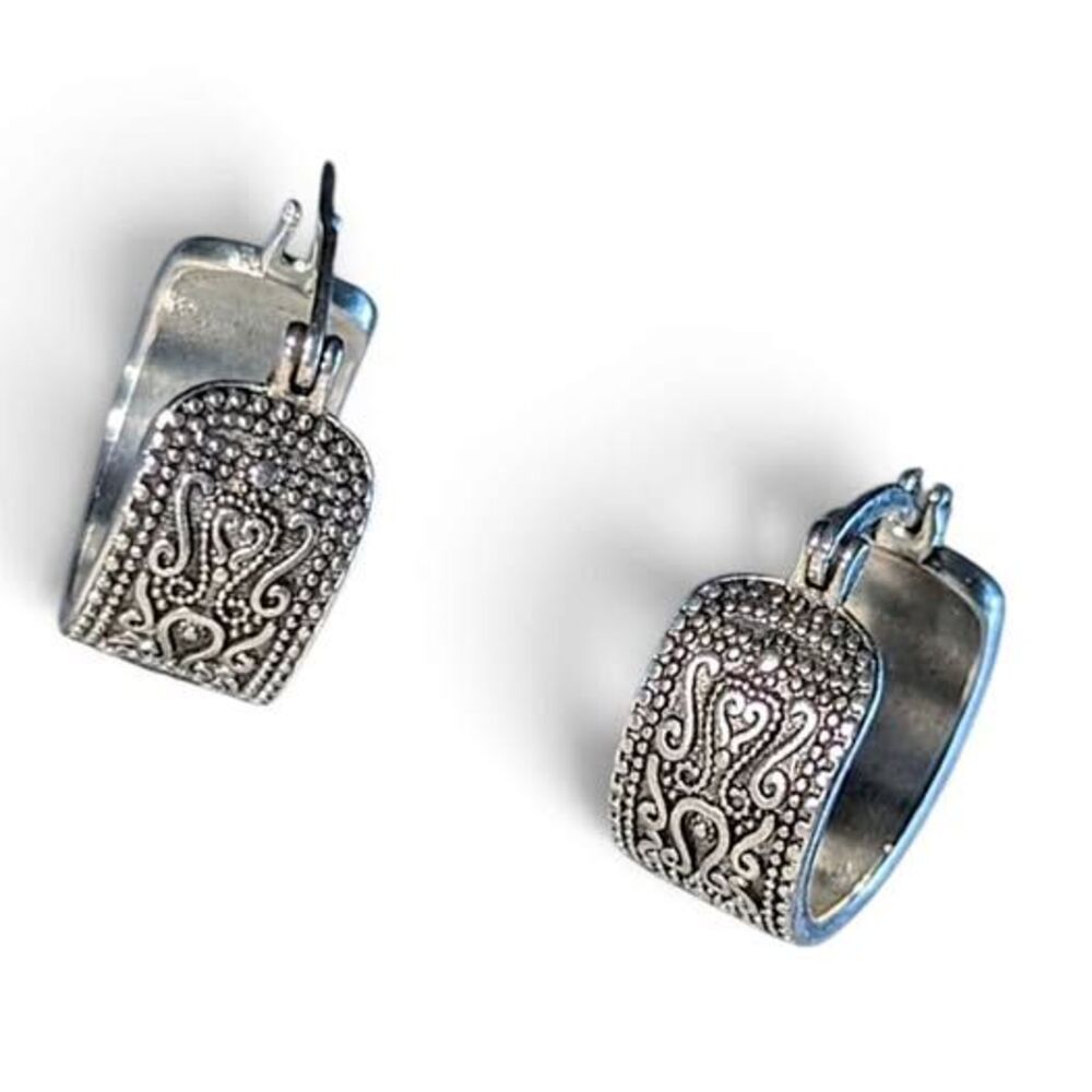 Oxidized Silvertone Spanish Filagree Wide Huggie Hoop Earrings